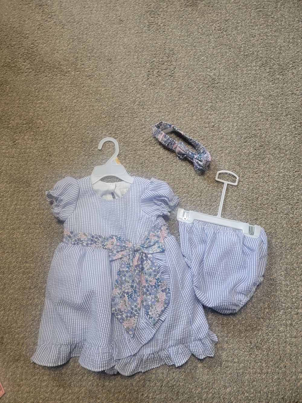 Rare Editions Blue Seersucker Dress with Matching Headband & Bloomers-12M